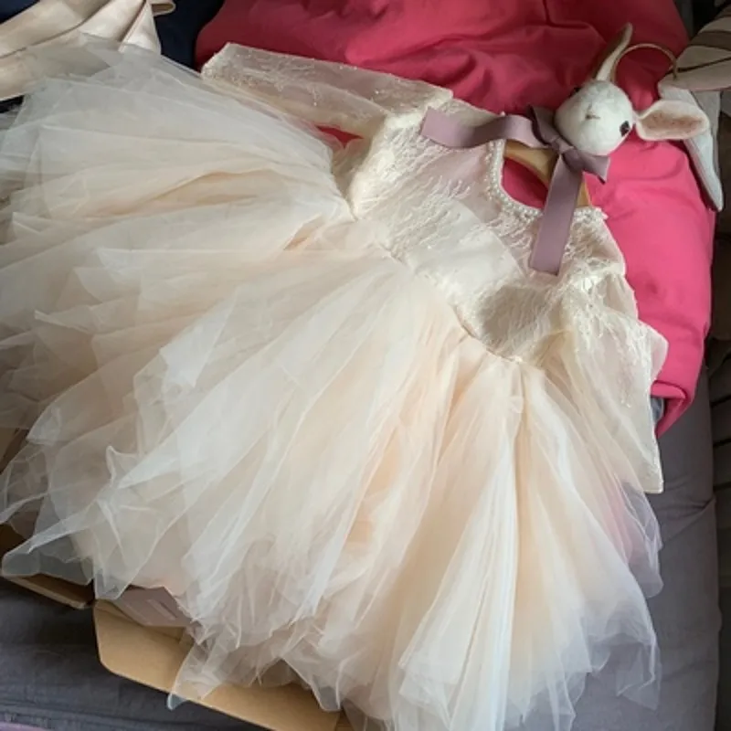 Vintage Flower Girls' Dresses Ivory Baby Infant Toddler Baptism Clothes Long Sleeves Lace Tutu Ball Gowns Birthday Party Dress |