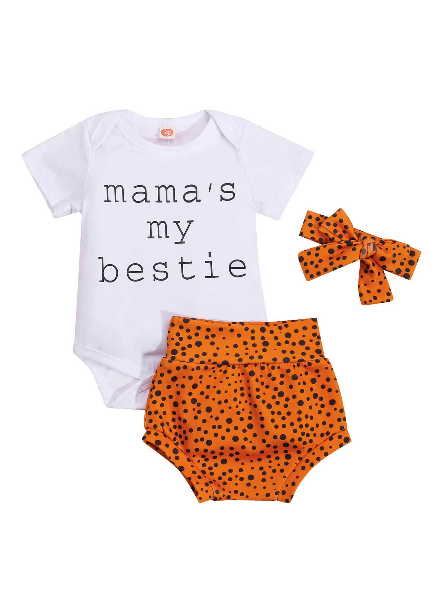 

3Pcs Baby Girls Outfit, Summer Short Sleeve Round Collar Fashion Letter Romper + Dot Printing Shorts + Bow Headwear Set
