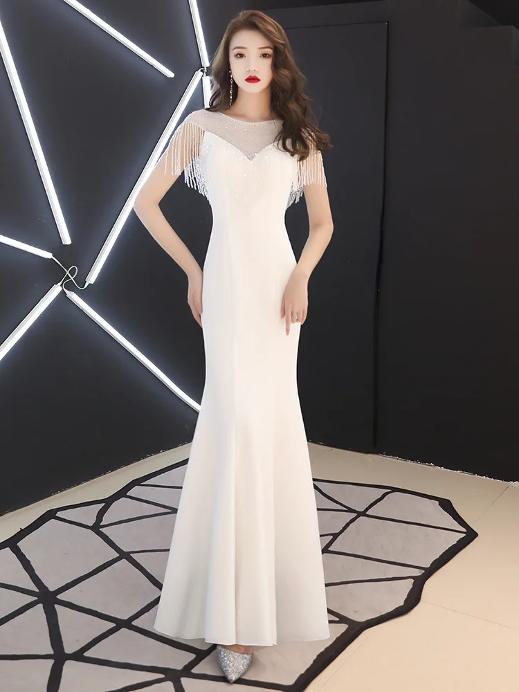 

White Evening Dress 2020 Autumn New Banquet Noble Annual Meeting Atmosphere Queen Long Model Host Mermaid Dress