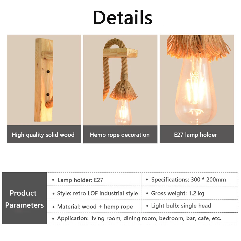 Настенный светильник в стиле ретро деревянный настенный из пеньковой веревки