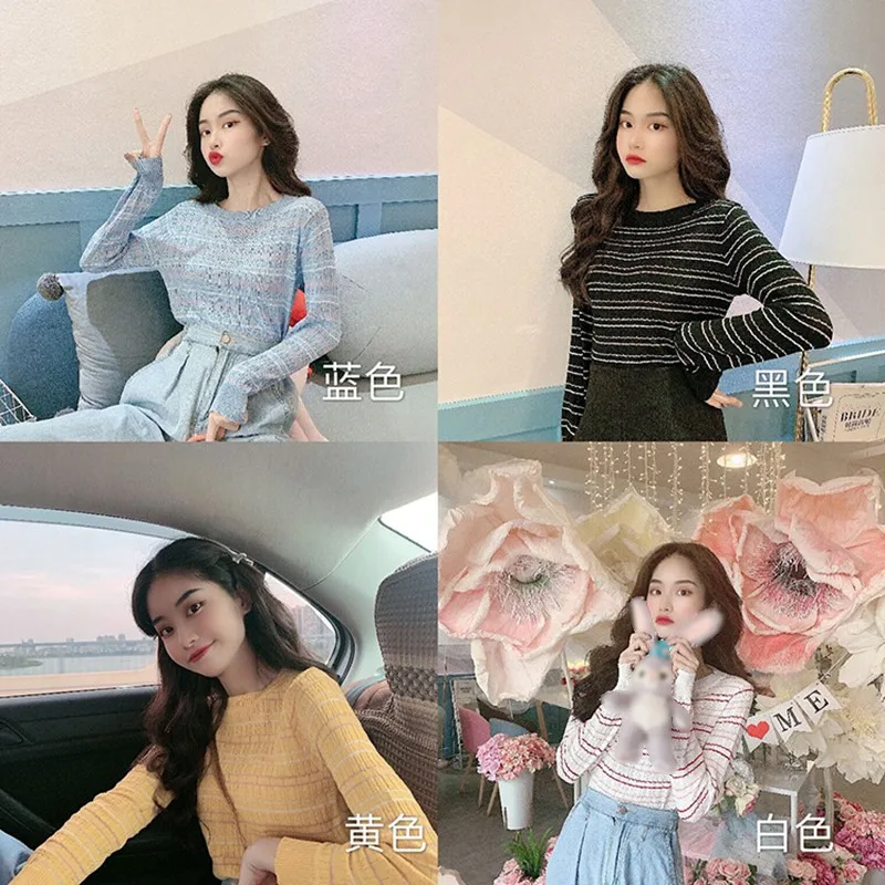 

Trendy Sexy Stripe Contrast Color Fashion Personality Navel Long Sleeve Sweater Multicolor One Size