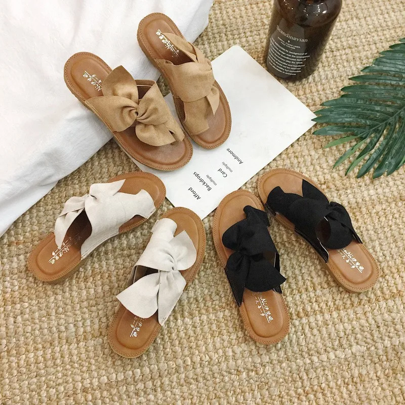 

Summer slippers herringbone slippers Korean flat bottom bow knot spring and summer new style wear versatile beach toe slippers