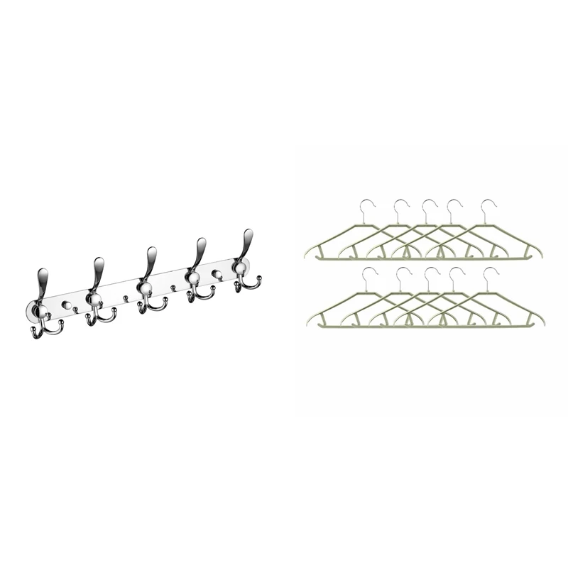 

1 Pcs Stainless Steel 5-Wall Coat Rack Wall Mounted Hooks & 10 Pcs Portable Hanger Coat Hanger Large Drying Rack