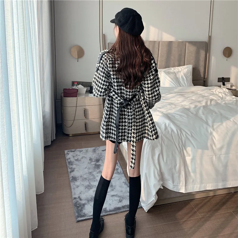 

Houndstooth Pattern Women Jacket Slim Turn-down Collar Woolen Jackets 2020 New Fall and Winter Korean Style Fashion Female Coat