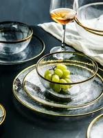 fashion gold rim glass dinner plate transparent dessert bowl western dish creative salad tray fruit plate dinnerware sets