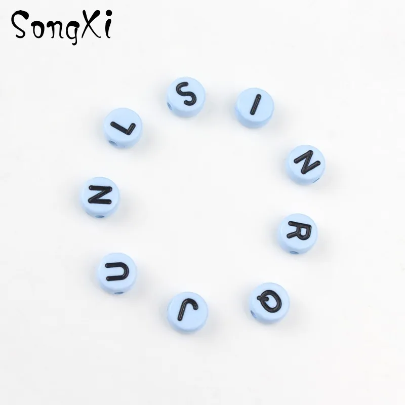 100 шт. синие буквы акриловые бусины 4*7 мм круглый плоский Алфавит россыпью для