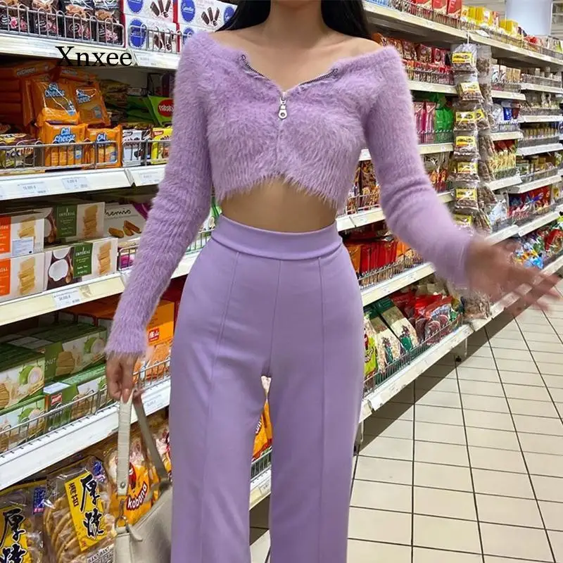 

Pink Y2K Sweet Knitted Cropped Tops Women Autumn Cardigan Winter Sweater Sexy Off Shoulder Zipper Knitted Fluffy Cardigans Shirt