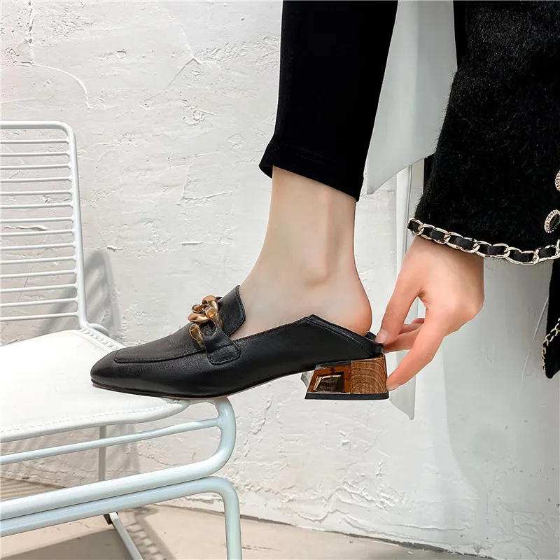 

FEDONAS Rome Metal Chains Women Shallow Pumps Spring Summer Newest High Heels Office Shoes Woman Genuine Leather Female Loafers