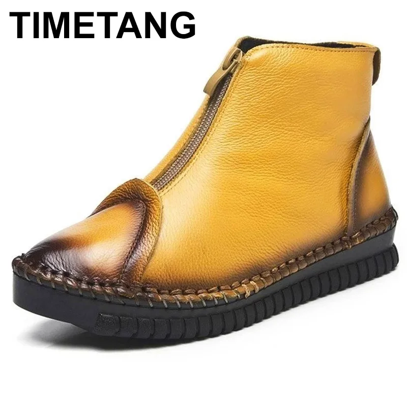 

TIMETANG Flat Boots Women Shoes Autumn Winter Fur Fashion Round Toe Genuine Leather Women's Boots Ladies Shoes Large Size 35-43