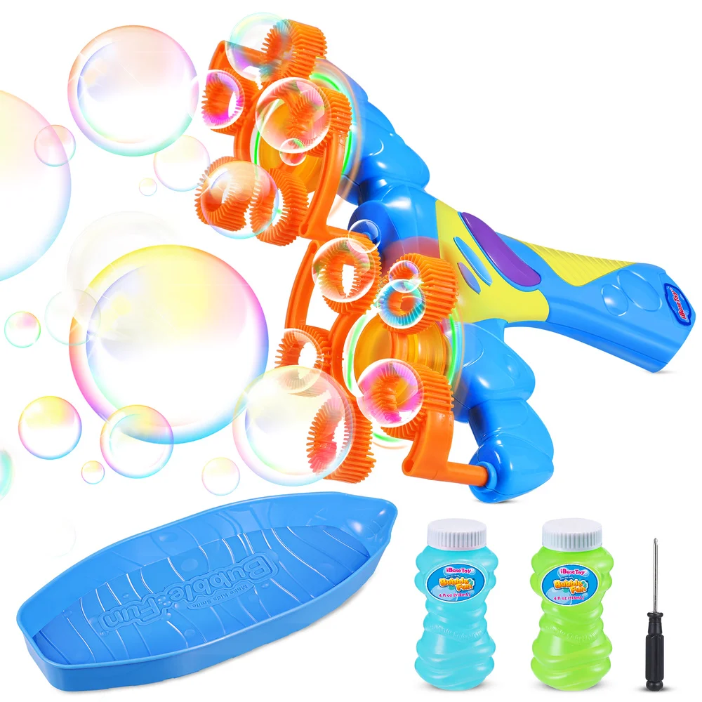 

iBaseToy Kids Bubble Blower Twins Bubble Stick Handheld Bubble Machine Lighed Bubble Maker with Bubble Solution