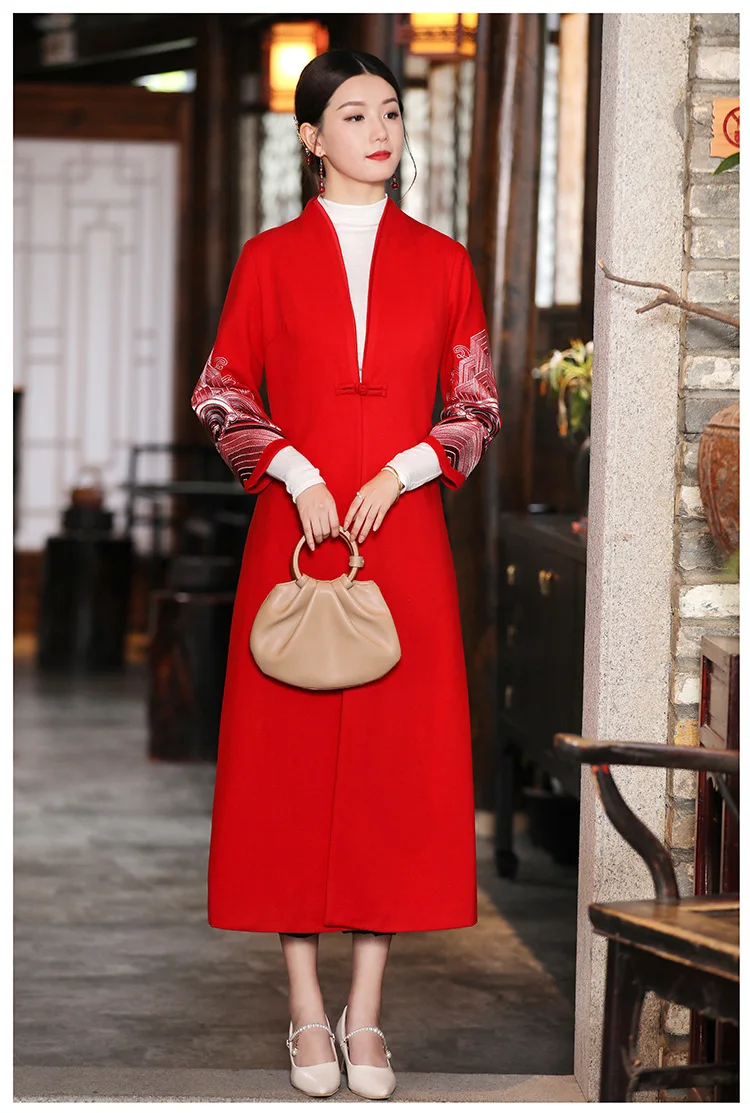 

Женская шерстяная куртка с вышивкой, элегантная длинная куртка большого размера в китайском ретро-стиле с V-образным вырезом, для зимы