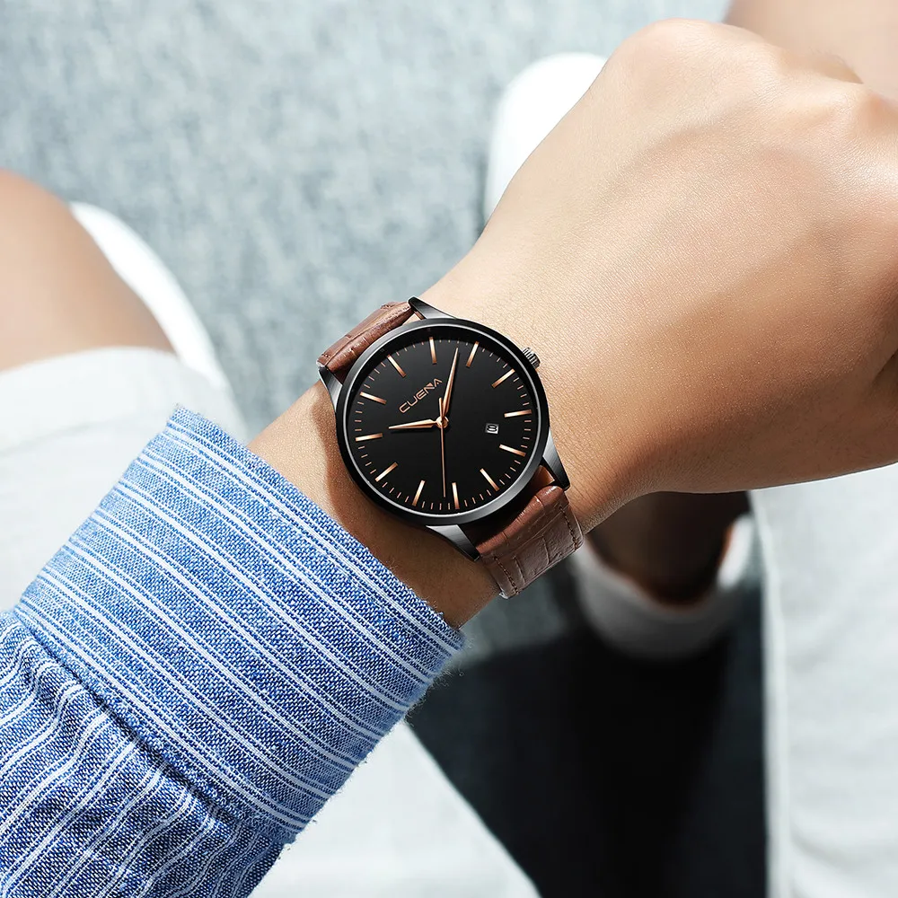 

2021 Waterproof Men Fashion Sport Stainless Steel Case Leather Band Quartz Wrist Watch Luxury Brand Date Military Leather Clock