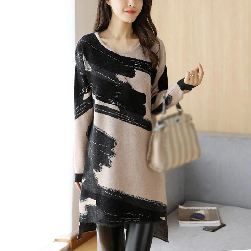 Повседневные свободные прямого кроя женское платье с круглым вырезом и принтом