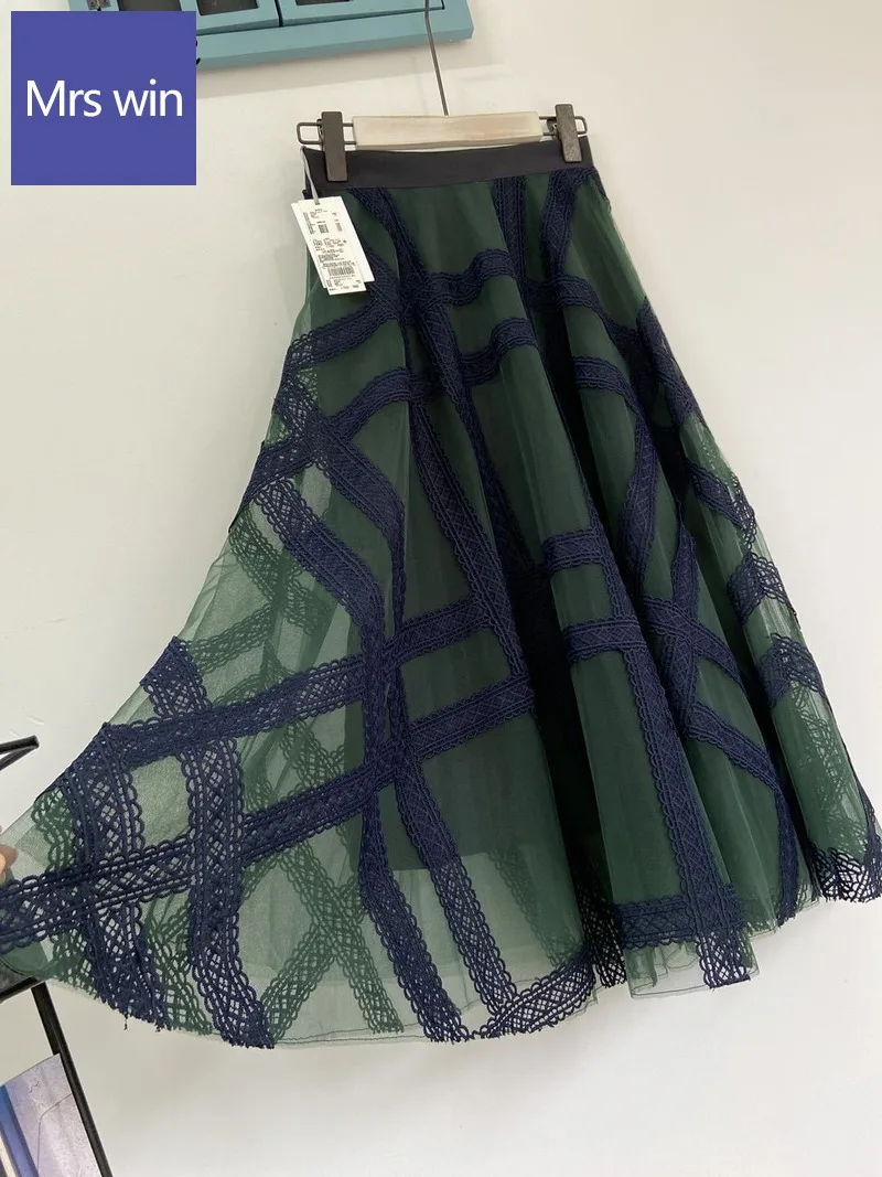 

Neploe New Lace Mesh Plaid Patchwork Skirt Autumn Winter Japan Style All-match Jupe Elegant High Waist A-line Skirts 1G786