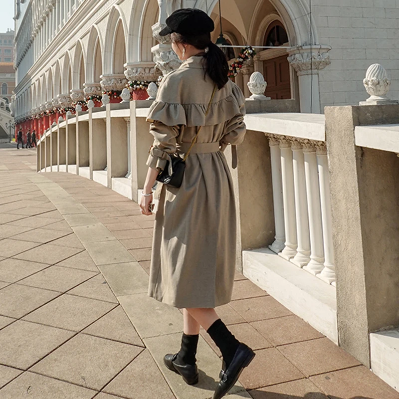 

new arrival women fashion holiday comfortable high quality long cute trench coat Double breasted work style solid a-line trench