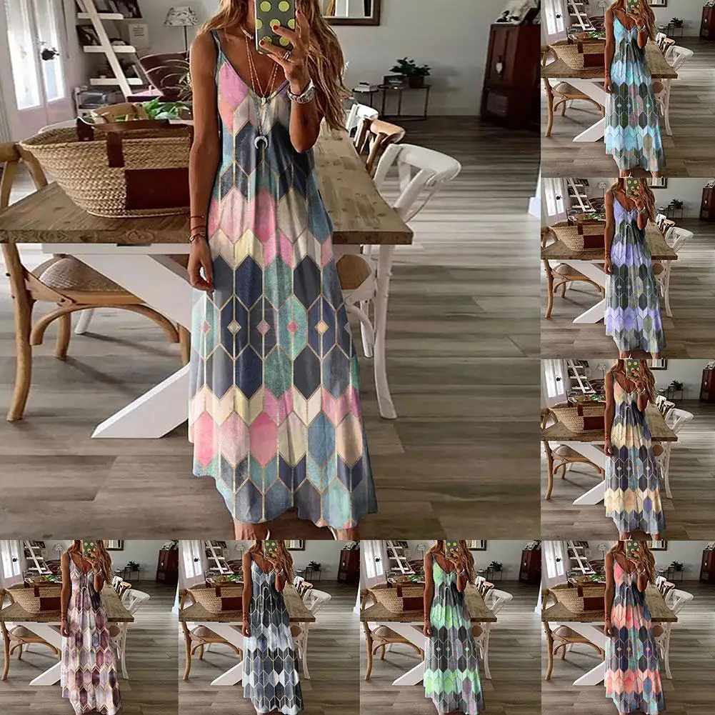 

Платье женское длинное с V-образным вырезом, модное пляжное элегантное приталенное вечернее, на бретелях, с принтом, X7P5, на лето