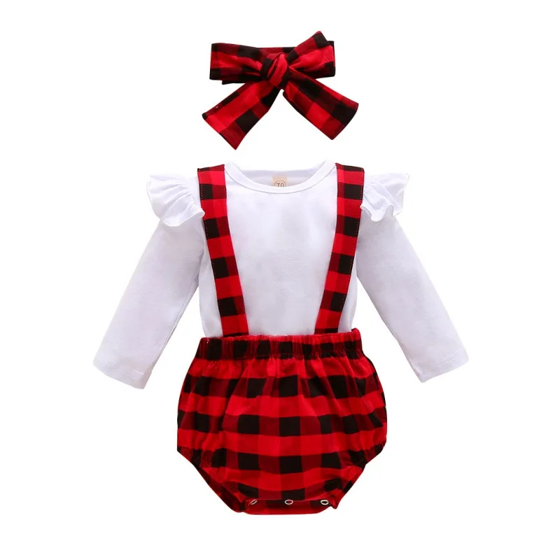 

Autumn Baby Girl Long Flare Sleeve Romper Tops Plaid Strap Shorts Headband Outfits Clothes For Kids