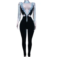 sparkling rhinestones sleeveless fringes jumpsuits hollow out sknny stretch women bodysuits stage wear lady nightclub outfit