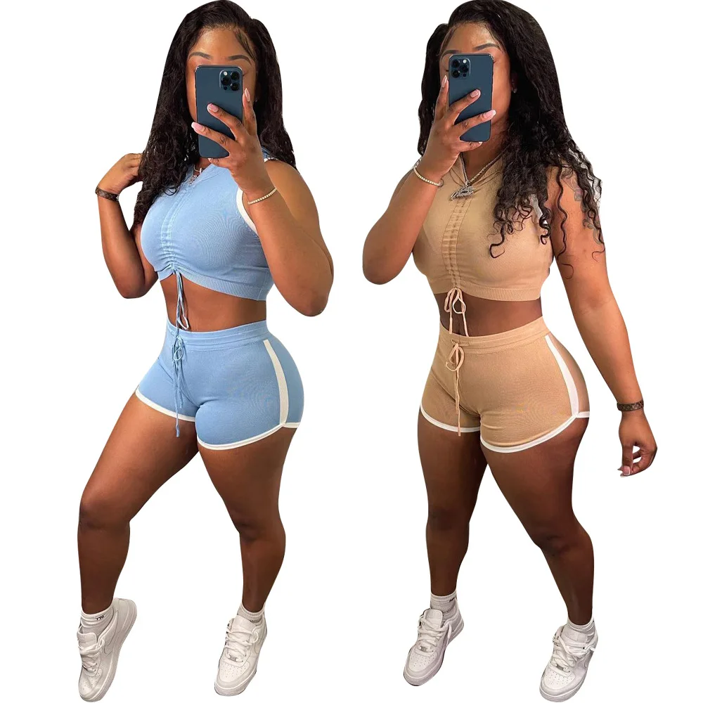 

Летняя уличная сплошной 2 комплекты из двух предметов для женщин наряды топ с короткими рукавами, спортивный костюм на каждый день в байкерс...