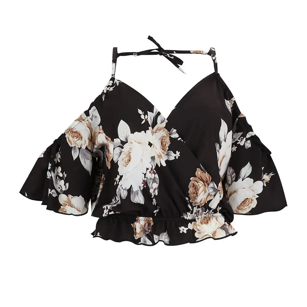 

Fashion Sexy Open Back Floral Front Cold Shoulder Lotus Sleeve Sling V-neck Women's Top 2121 NEW