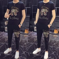 tiger rhinestone tracksuit men casual streetwear hip hop sweatsuit two piece tshirt pant summer sports jogger sets mens clothes