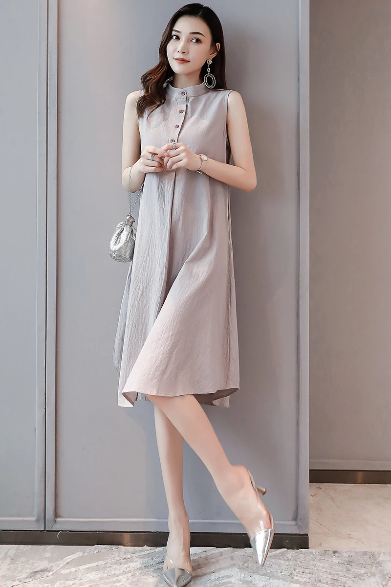 Женское свободное платье-рубашка без рукавов повседневное однотонное