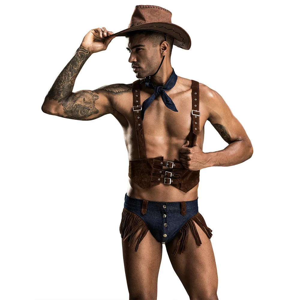 

New 4pcs Adult Men Western Cowboy Cosplay Costumes Men's Sexy Erotic Halloween Party Costume Fancy Erotic Clubwear 7213