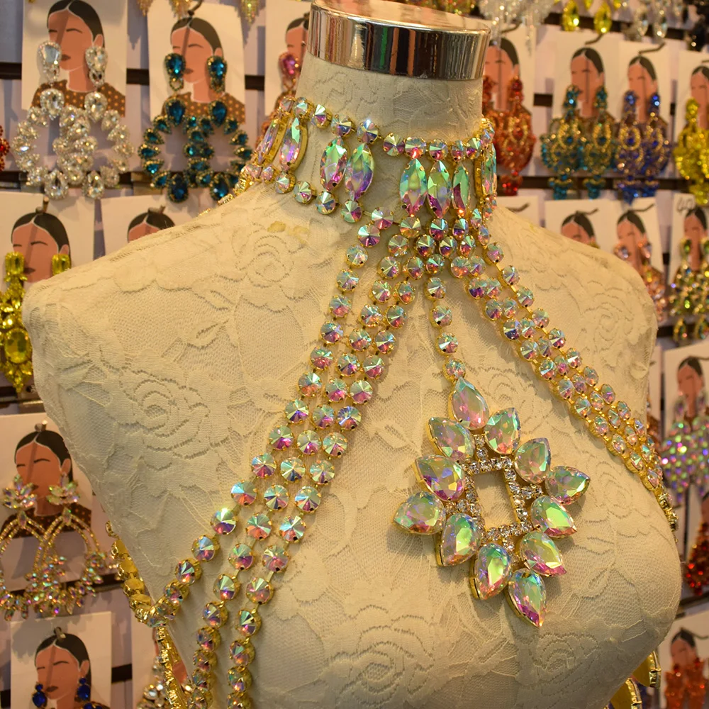 comprar Cuier Luxo Cristal Ab Ouro Colar Topo Do Corpo Corrente Oversize Jóias Adorno Do Corpo Strass Casaco Topos Para Mulher Gargantilha