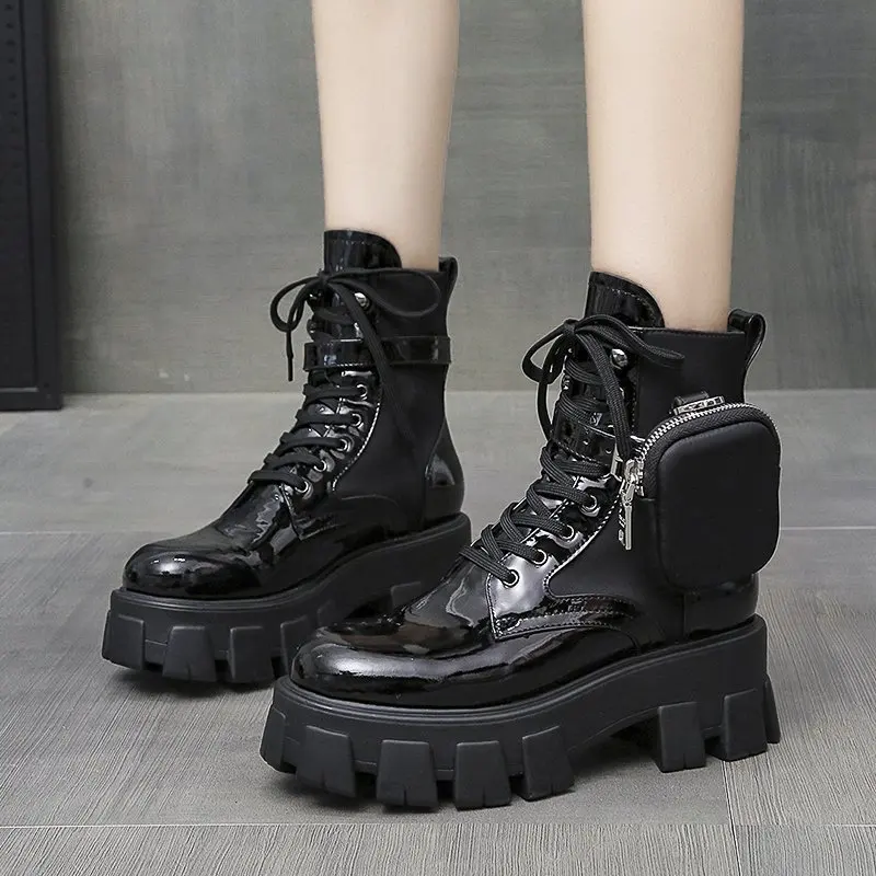 

Black Punk Ankle Platform Motorcycle Boots Women Lace Up Chunky Heel Belt Buckle Designer Shoes Women Botas De Mujer222