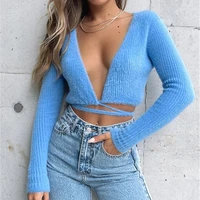 womens fuzzy knit crop tops sexy deep v neck long sleeve cross tie up t shirts
