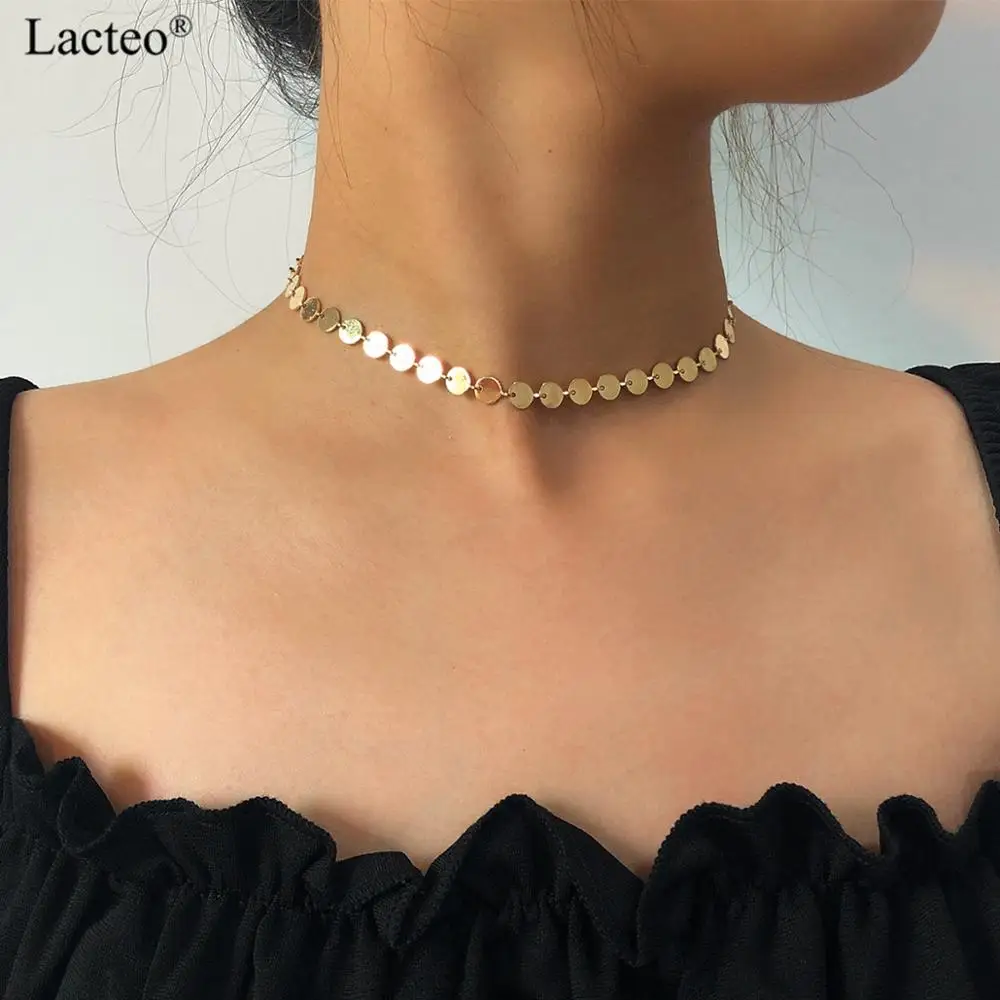 

Lacteo Steampunk Round Circle Chain Choker Necklace Street Hip Hop Gold Color Sequin Clavicle Charm Necklace Jewelry for Women