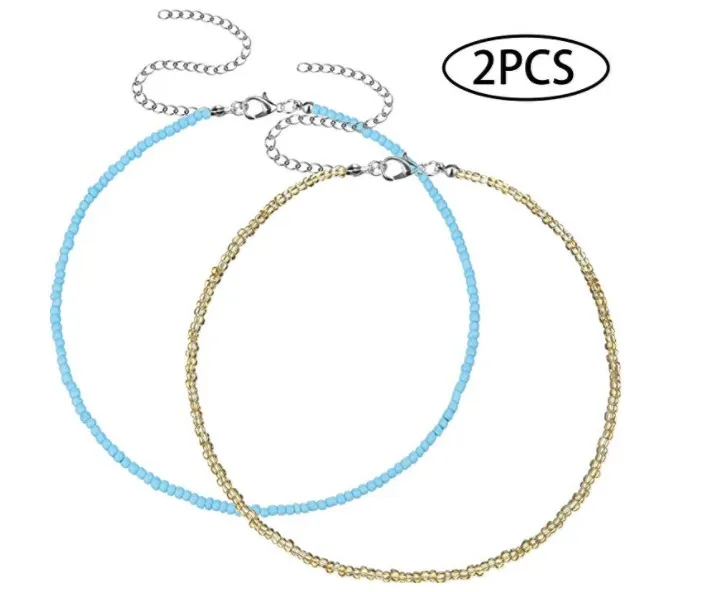 2PCS Visco, колье из бисера, крошечное колье из бисера, бохо, цветное колье, ожерелье на цепочке, ювелирное изделие для женщин и девушек, регулируемое - Окраска металла: 2PCS