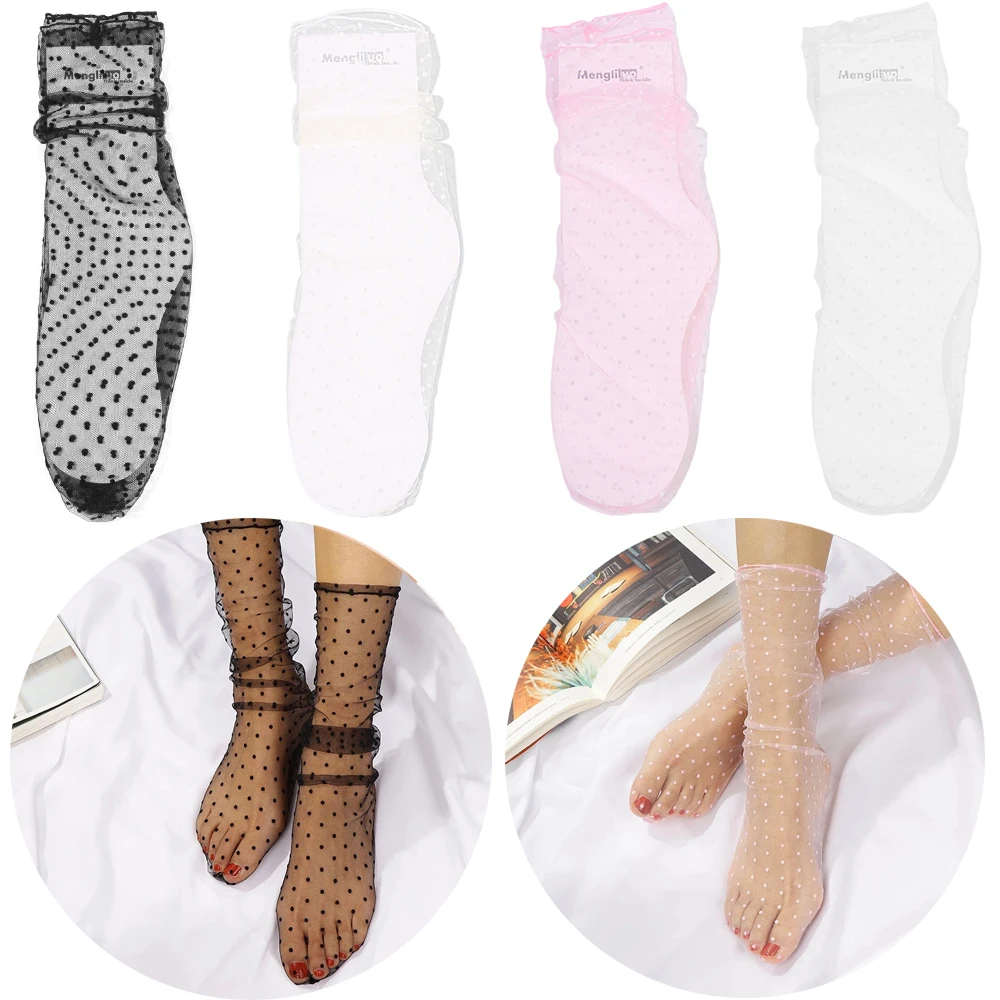 

Модные ультратонкие женские кружевные носки принцессы в горошек Женские сетчатые носки до щиколотки носки из тюля