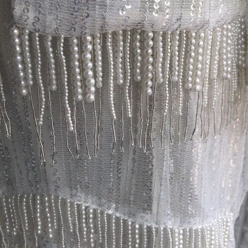 ivory white heavy New pearl tassel dress with shoulder straps pearl coat can customized big size