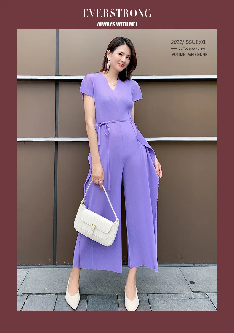 HOT SELLING   Miyake fold Pure color v-neck fashion fold belt jumpsuits wide-legged pants  IN STOCK