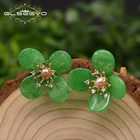 glseevo natural green jade pearl flower charm stud earrings for women anniversary original design handmade luxury jewelry ge0989