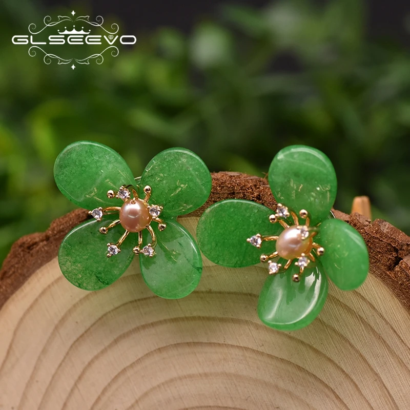 Женские серьги гвоздики GLSEEVO с натуральным зеленым нефритовым жемчугом и цветком