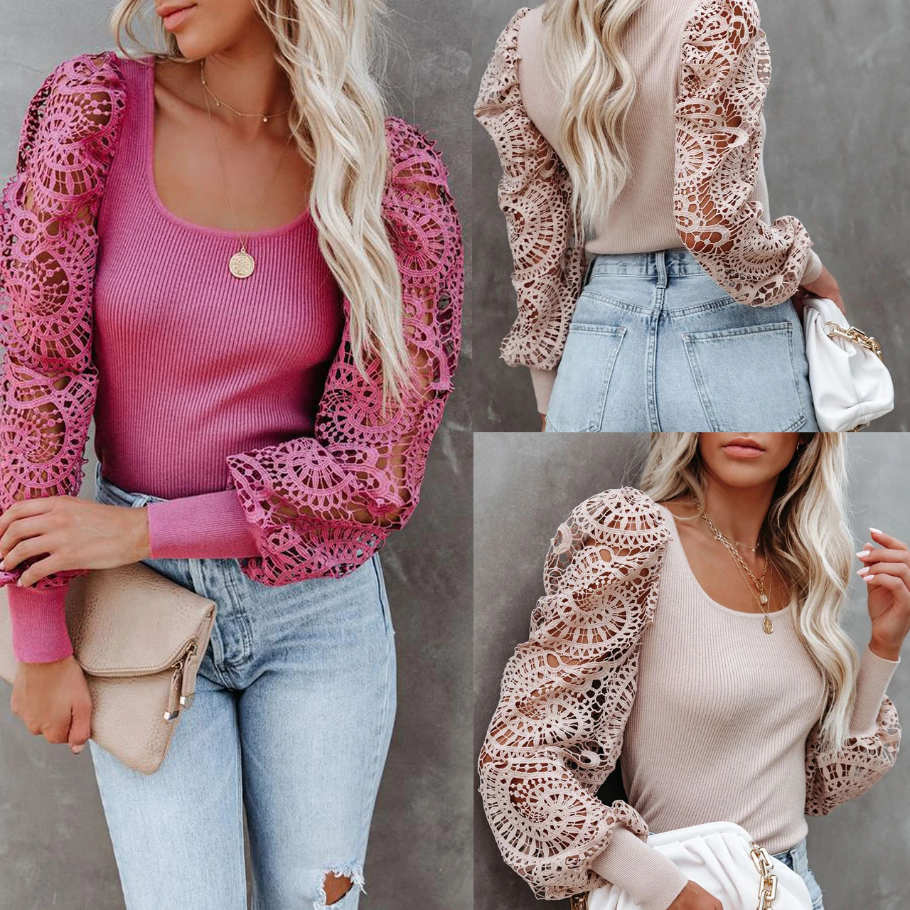 

S21s5039 European style autumn and winter women's wear 21 new square collar lace thread splicing commuter sexy top spot supply a