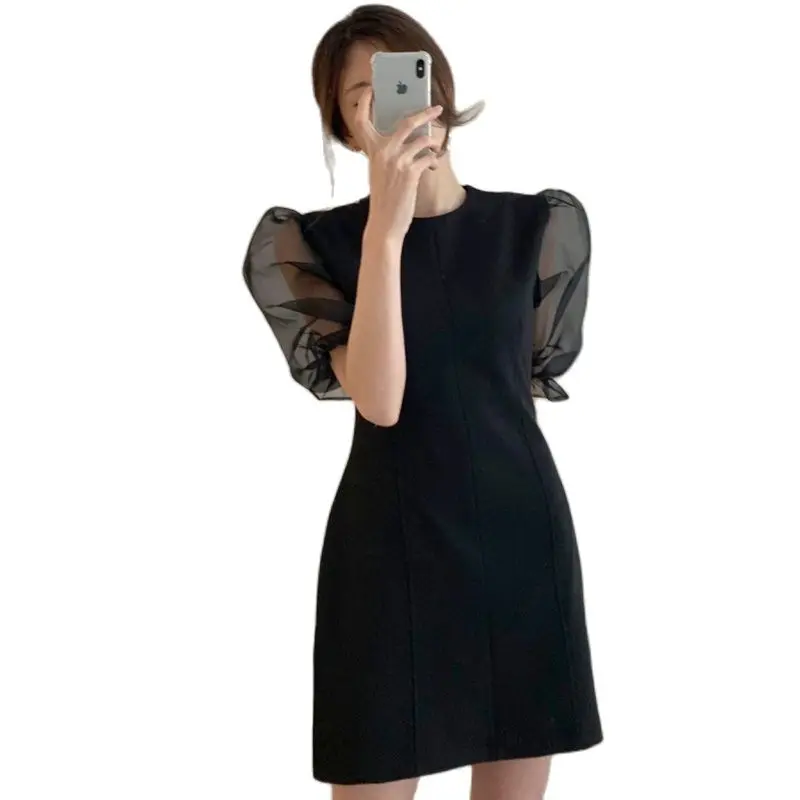 

Elegant Dresses For Women 2021 Lady Sexy Slim Summer Dress O Neck Midi Length Chiffon Vestido Patchwork Mesh Puff Sleeve B487