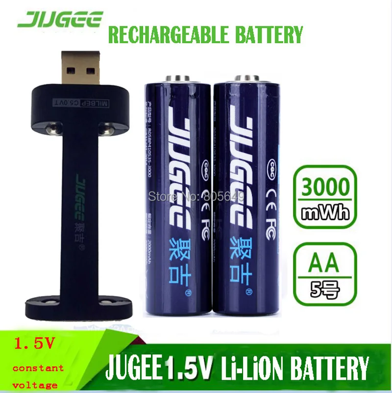 Jugee 2 шт 1,5 v 3000 mwh AA перезаряжаемый литий-полимерный литий-ионный полимерный литиевый аккумулятор+ 1 USB зарядное устройство