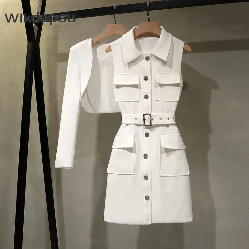Professional Dress Suit Women's Fashion Slim Fit Short Blazer Jacket Top Midi Pencil Dress Black White Office Lady Business Wear