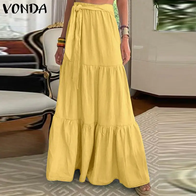 

Elegant Office Skirt Women Solid Color Pleated Long Maxi Skirts 2021 VONDA Ruffled Hem Casual Elastic Waist Skirt Oversized