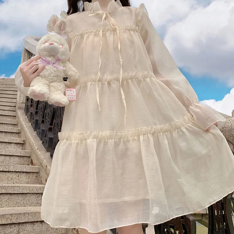 

Elegant Casual Loose White Women Dress Spring Summer Chiffon Chic Petal Sleeve Cascading Ruffle One Piece Ladies Dress Vestidos