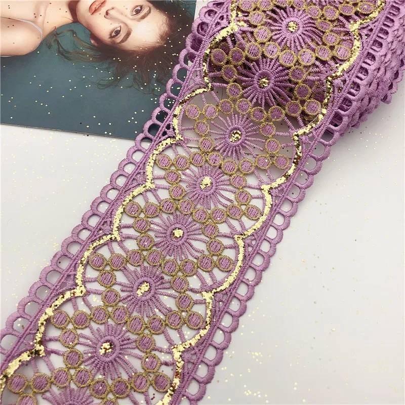 10 ярдов винтажная Золотая желтая и ярко-розовая вышитая кружевная ткань с