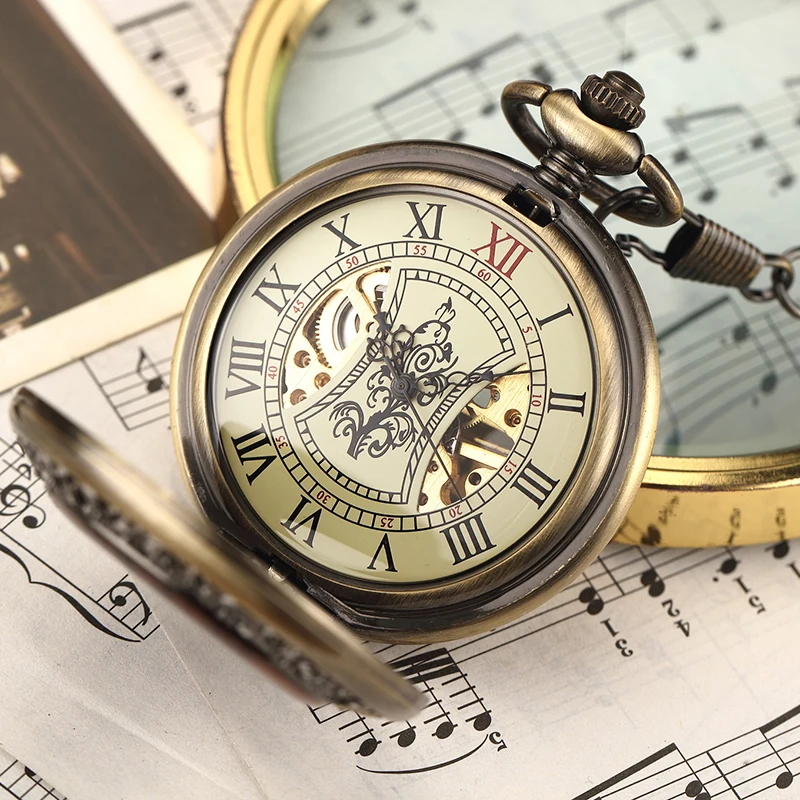 Antique Wood Mechanical Pocket Watch for Collection Roman Numerals Wooden Skeleton Dial Fob Clock with Gift Box for Dropshipping