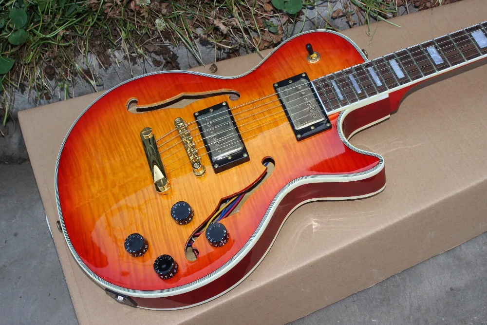 

custom F hollow body jazz Electric Guitar.Sunburst color jazz guitarra.double tiger flame top gitaar.support customization.