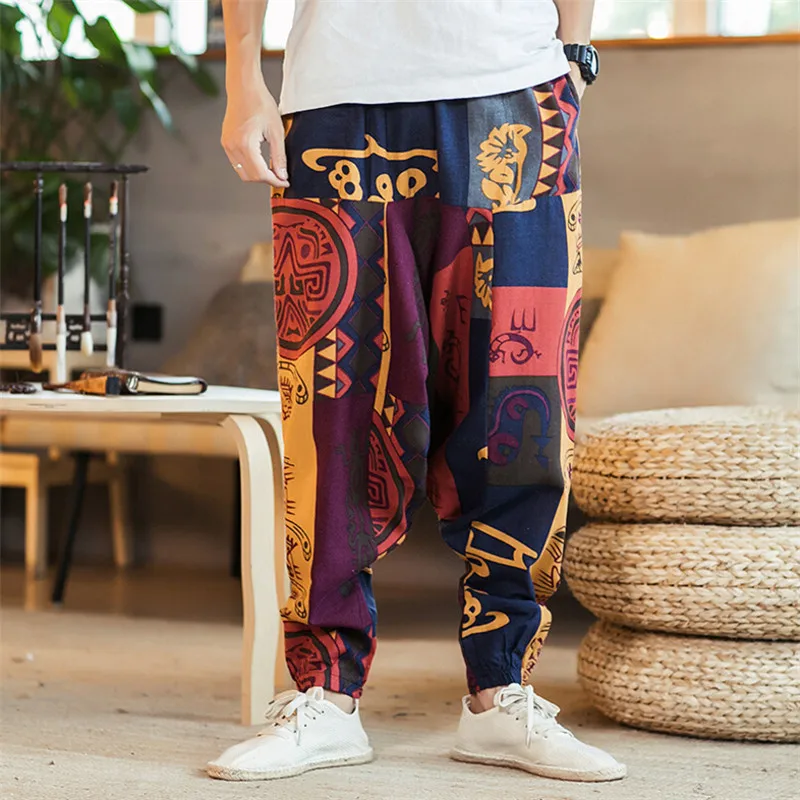 

2019 Fashion Bohemia Style Print Men Baggy Cotton Harem Pants Hip Hop Men Pants Wide Leg Long Trousers Casual Vintage Cross Pant