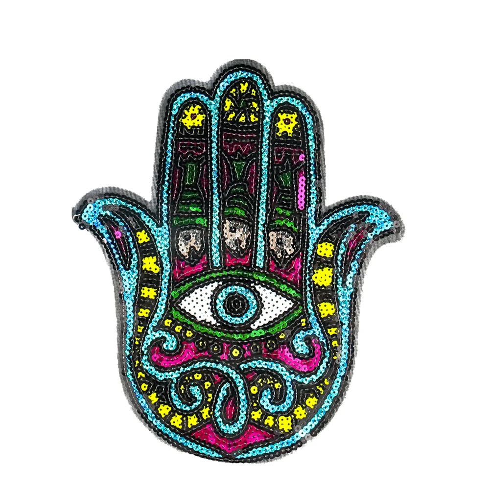 

2PCS Large Sequins Fatima Palm Patches Hand Applique Eye Iron on Patch for Clothes Jacket Fabric Badge DIY Apparel Accessories