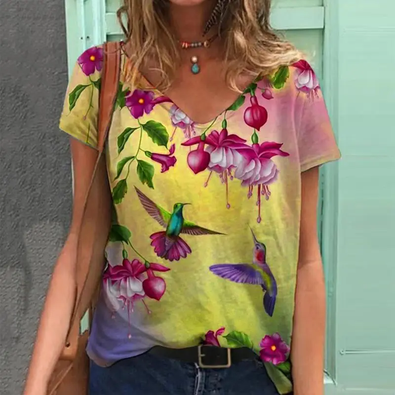 

summer women T-Shirt elegant Vintage V-Neck Printed female Pullover T-Shirt Casual Patchwork Loose lady Short Sleeve T-Shirt