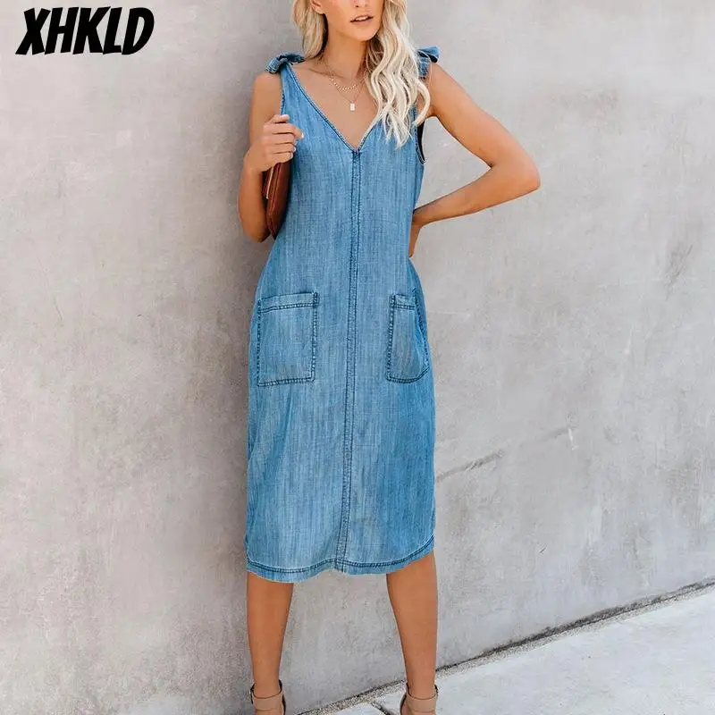XHKLD летнее платье для женщин из потертой джинсовой ткани повседневное свободное